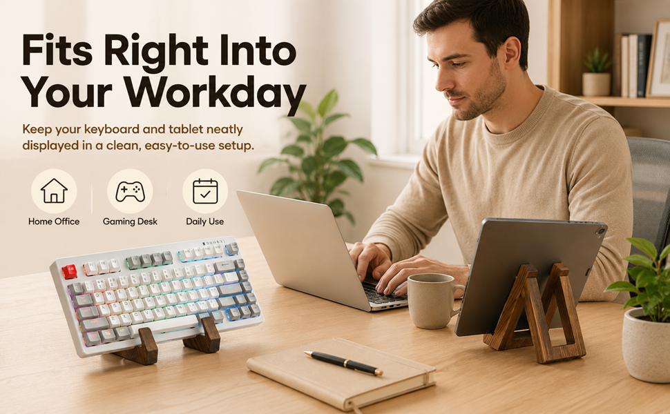 Wooden keyboard holder for home office, tablet stand, gaming desk, and daily use.