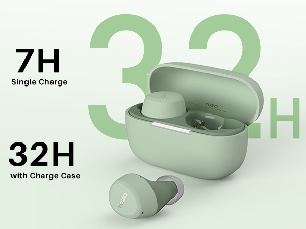 TOZO A1 earbuds with charging case showing 7 hours single charge and 32 hours total battery life