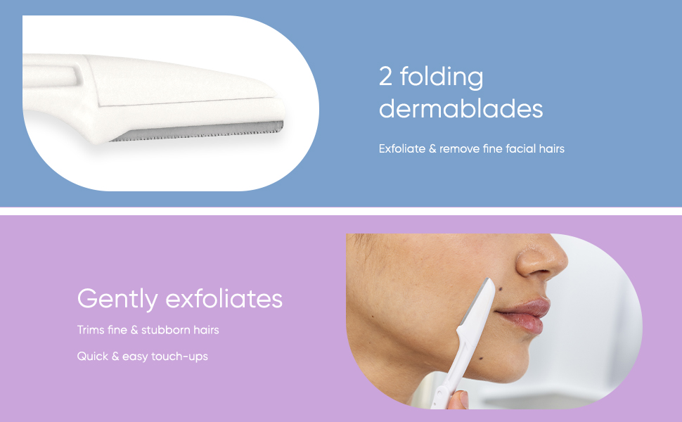 2 folding dermablades, gently exfoliates