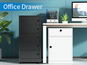 Lockable office drawer cabinets in black and white, for modern office storage.