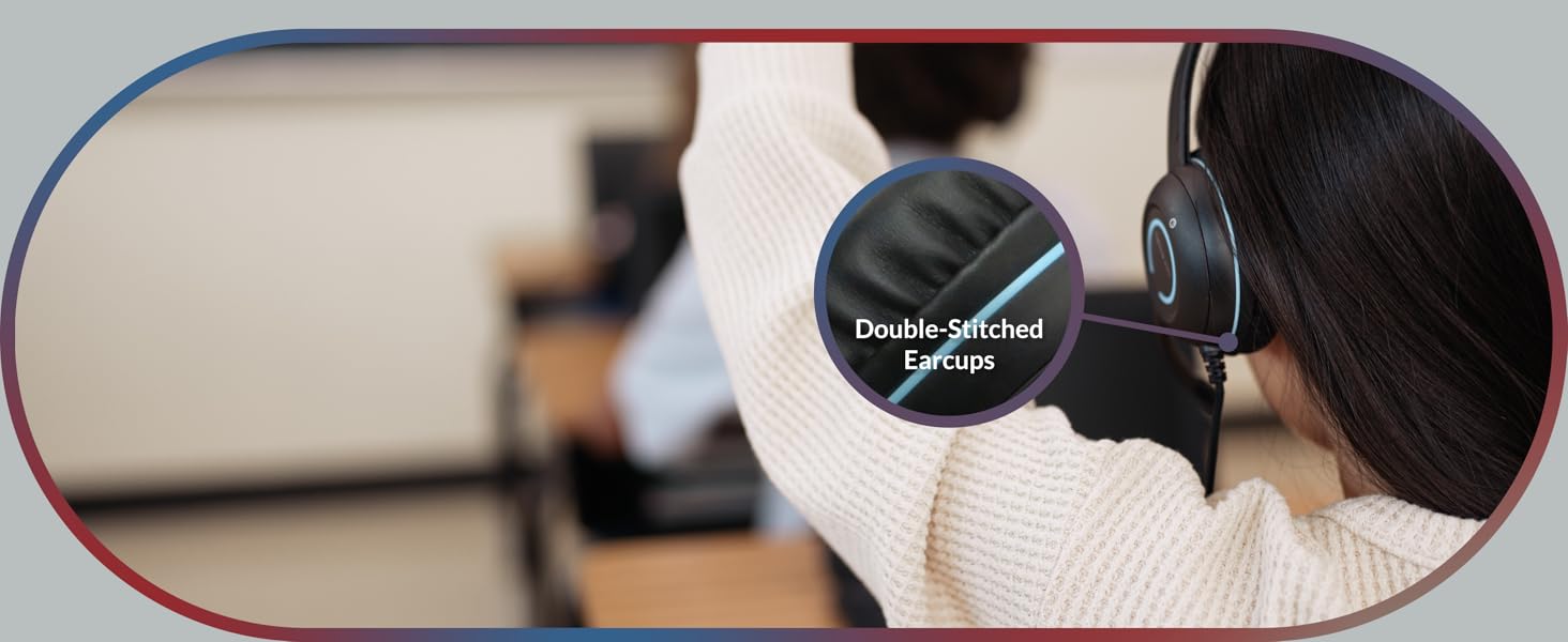 Closeup of a student sitting at their desk, featuring the AC-5002 3.5mm classroom headset