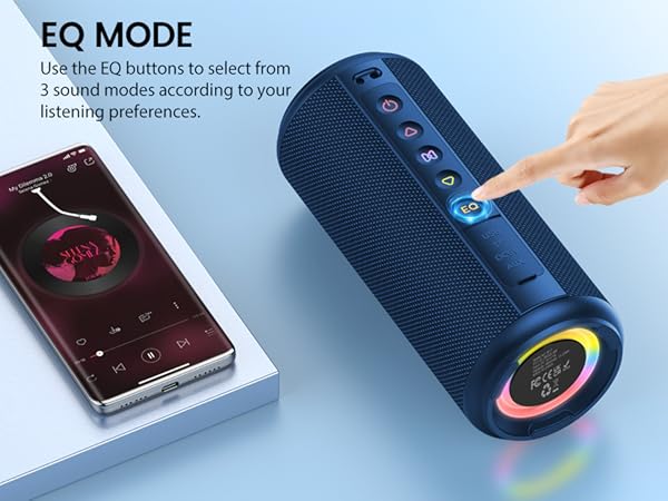 Text reads: 'EQ MODE.' Series of images showing electronic device interactions, featuring what appears to be a touchscreen or control interface with color selections.