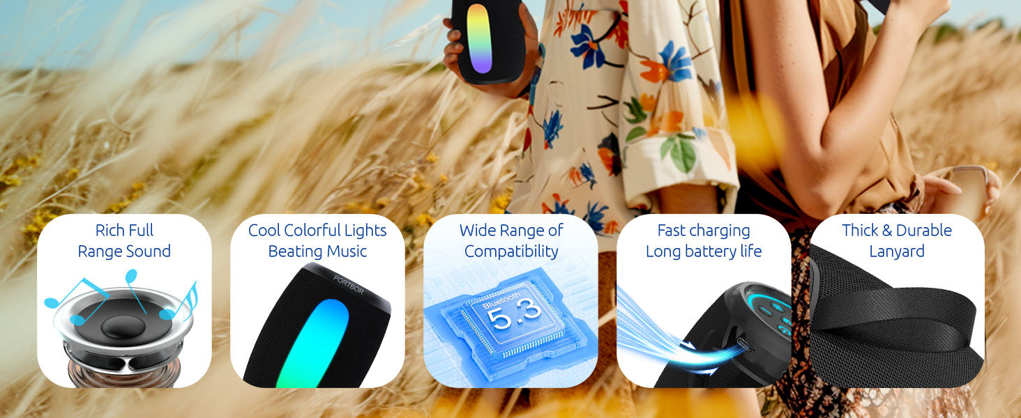 Portable speaker has rich full range loud, bass, clear sound, beating music lights, long battery