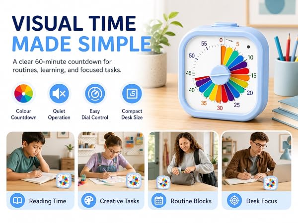 Visual Timer for Kids, 60-Minute Rainbow Countdown Clock, Silent Non-Ticking Desk Timer for Homework