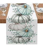 Autumn Table Runner, Fall Pumpkins Blue White Green Leaf Halloween Thanksgiving Table Runners for...