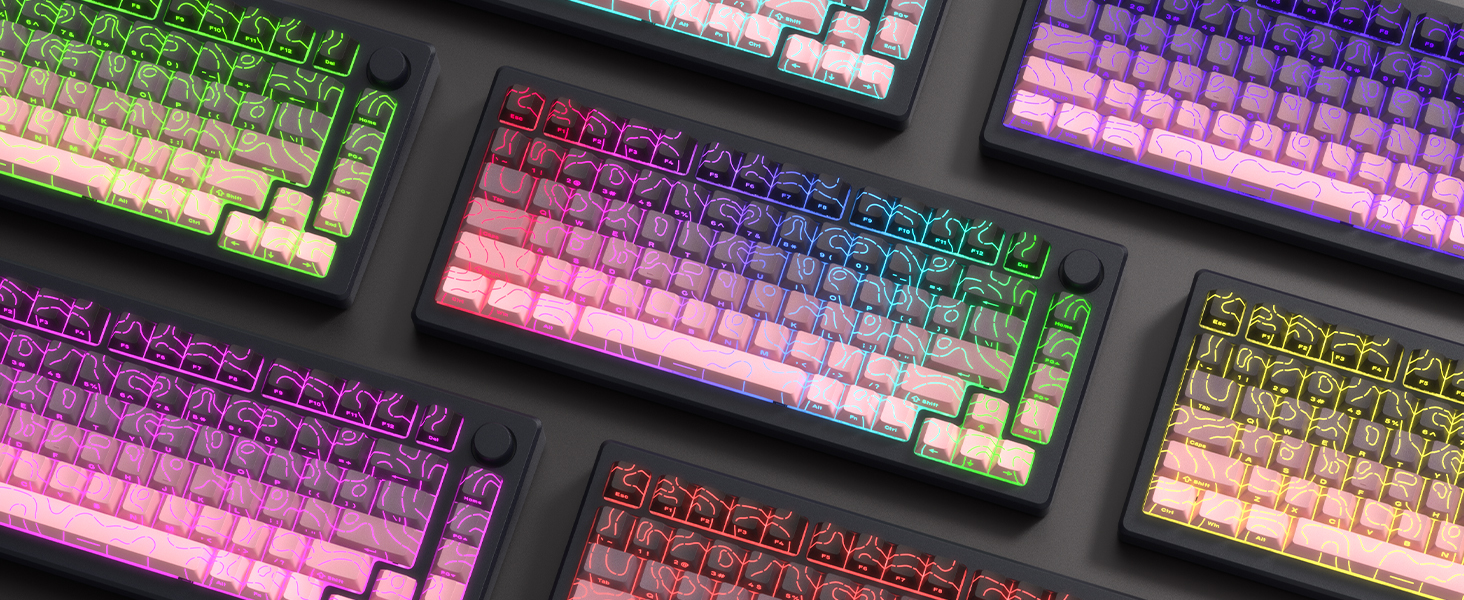 PBT keycaps,Topographic keycaps 60 75 Percent,Lines Backlit,Shine Through,Side Print,Cherry Profile