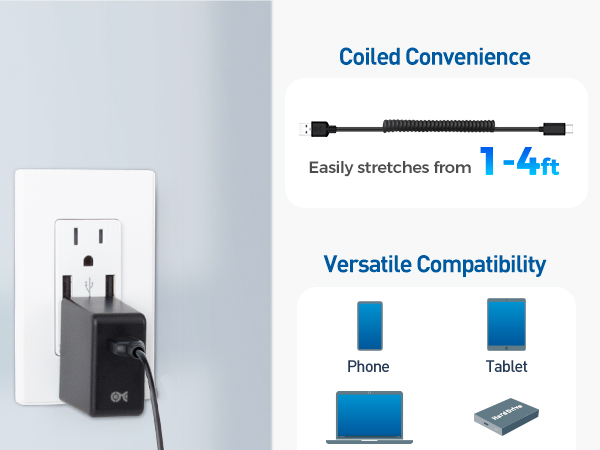 Coiled USB-C to USB-A Charging Cable