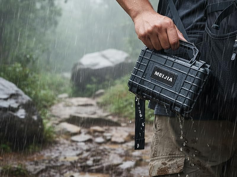 Series of outdoor photography shots showing camera equipment being used in rainy conditions on rocky terrain.