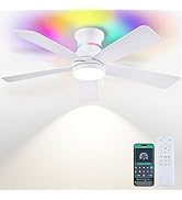 Surtime 46" White Ceiling Fans with RGB Lights - Flush Mount Ceiling Fan Light with LED 3CCT Dimm...
