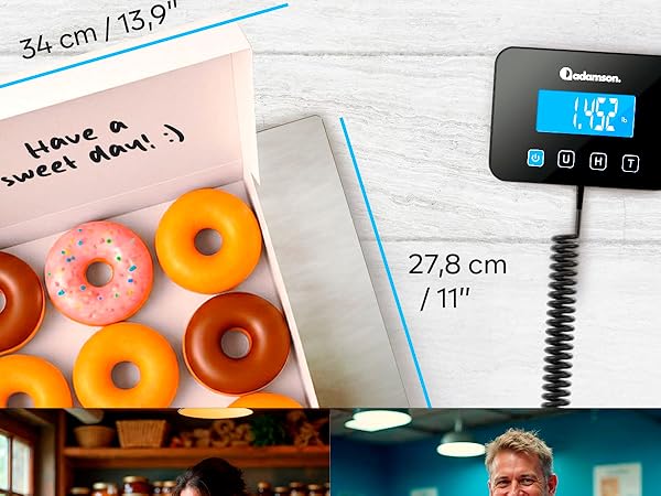 Text shows '34.cm/13.5', '27.8 cm/11'. Multiple views of pink frosted donuts on white surface with measurement indicators.
