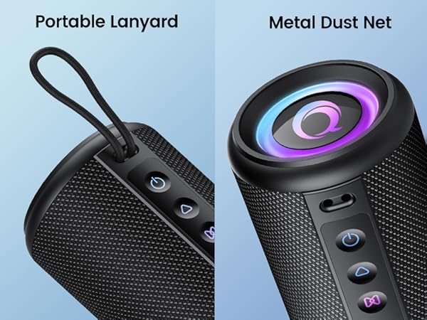Text reads 'Portable Lanyard' and 'Metal Dust Net'. Black portable speaker with lanyard attachment on left; speaker with illuminated purple/pink circular LED display and control buttons on right.