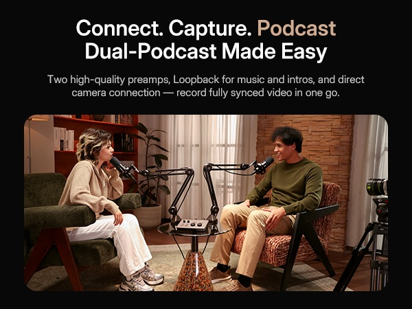 Two creators recording dual person podcast with Maono P2 audio interface