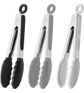 HINMAY Small Silicone Tongs 7-Inch Mini Serving Tongs, Set of 3 (Black Gray White)