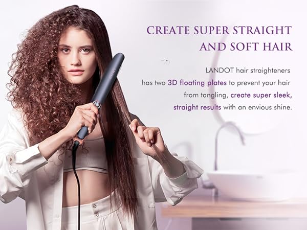 Hair straightener product advertisement showing Landot brand device with 3D floating plates, promising super straight and soft hair results.