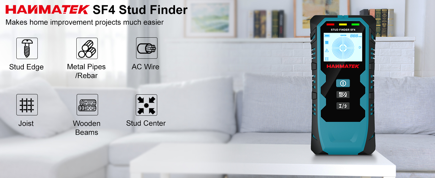 Text reads 'HARMATEK SF4 StairFinder'. Blue electronic device displayed with interface icons showing measurement and calculation functions.