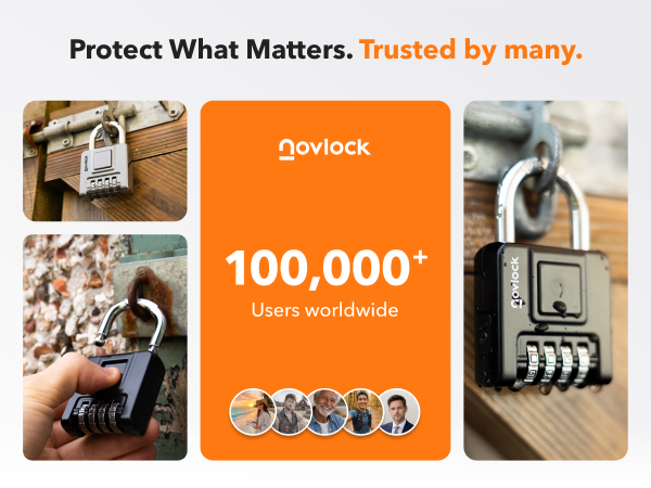 Text reads 'Protect What Matters. Trusted by many.' '100,000+ Users worldwide.' Promotional image showing combination locks and security devices with numerical dials.
