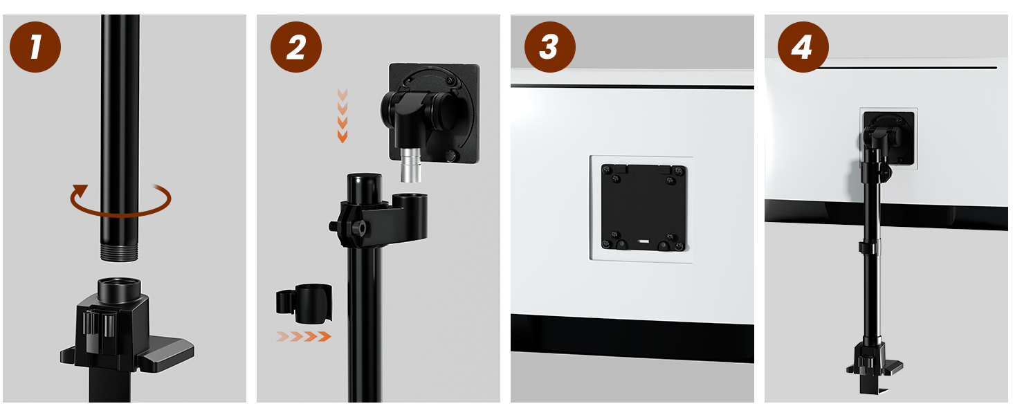 Four-panel image showing adjustable black mounting arm with rotating feature, compatible with various surfaces and orientations.