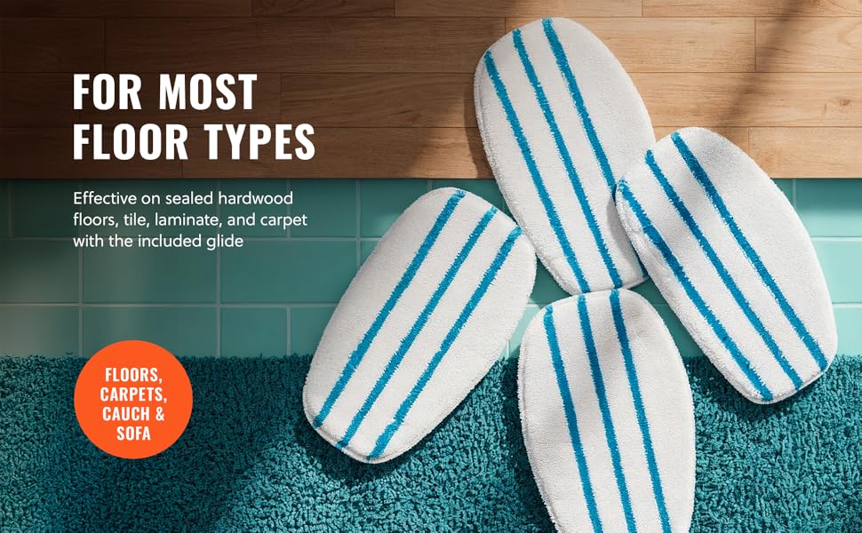 Text reads 'FOR MOST FLOOR TYPES'. Three blue and white striped cleaning mop heads or pads shown on wooden surface.