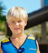 Blue and yellow children's swimwear vest with 'Limmys' branding. Sleeveless design with front zipper closure for easy wear and removal.