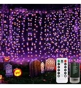 Halloween Curtain Lights Battery Operated Fairy Curtain Lights 9.8×9.8 Ft | Purple Orange Battery...