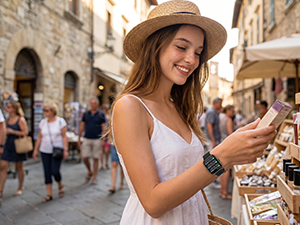 People showing off smartwatches in a shopping scene.