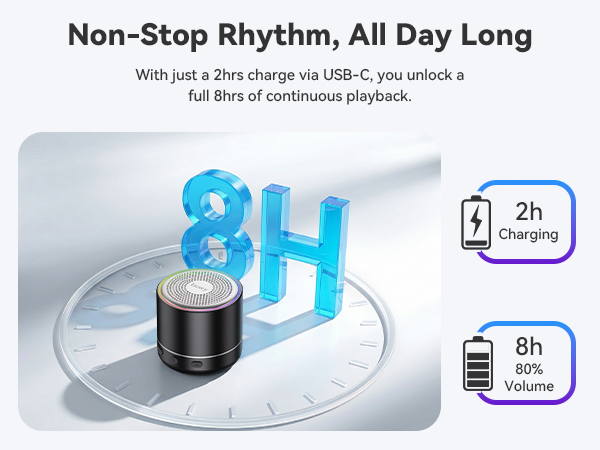 Text reads: 'Non-Stop Rhythm, All Day Long' and 'With just a 2hrs charge via USB-C, you unlock a full 8hrs of continuous playback'. Portable speaker with '8H' display and charging specifications showing 2h charge time and 8h playback duration.