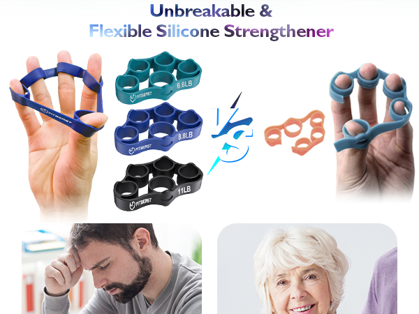 Text reads 'Unbreakable &amp; Flexible Silicone Strengthener'. Product collage showing blue and black silicone finger/hand strengthening devices in various positions of use.