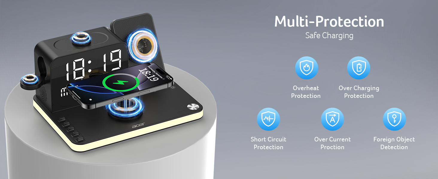 Acer 7 in 1 Wireless Charging Station with LED Night Light, Bluetooth Time Sync Clock