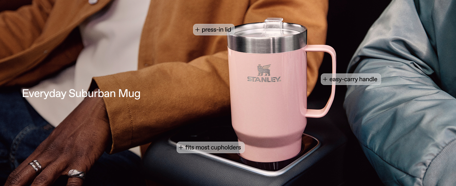 Everyday Suburban Mug: press on lid, easy carry handle, fits most cupholders