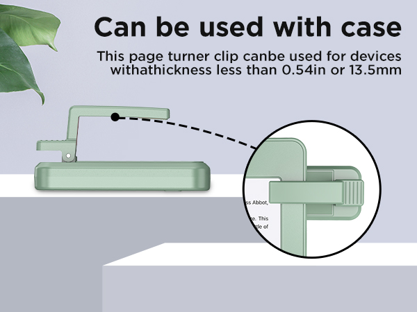 Technical diagram showing page turner clip device specifications, indicating maximum thickness compatibility of 0.54in or 13.5mm with case.