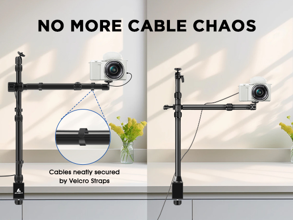 Text reads 'NO MORE CABLE CHAOS' and 'Cables neatly secured by Velcro Strips.' Two configurations of black cable management systems with organized cord routing and velcro attachment mechanisms.