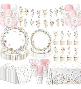 LINHAXM 175 PCS Spring Wildflower Party Decorations include Plates, Cups, Napkins, Cutlery, Cake ...