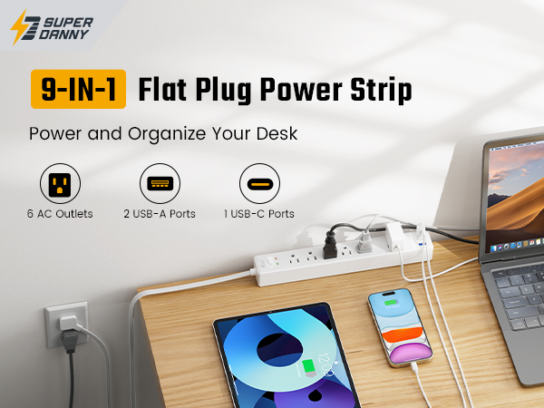 SUPERDANNY Surge Protector Power Strip Flat Plug 