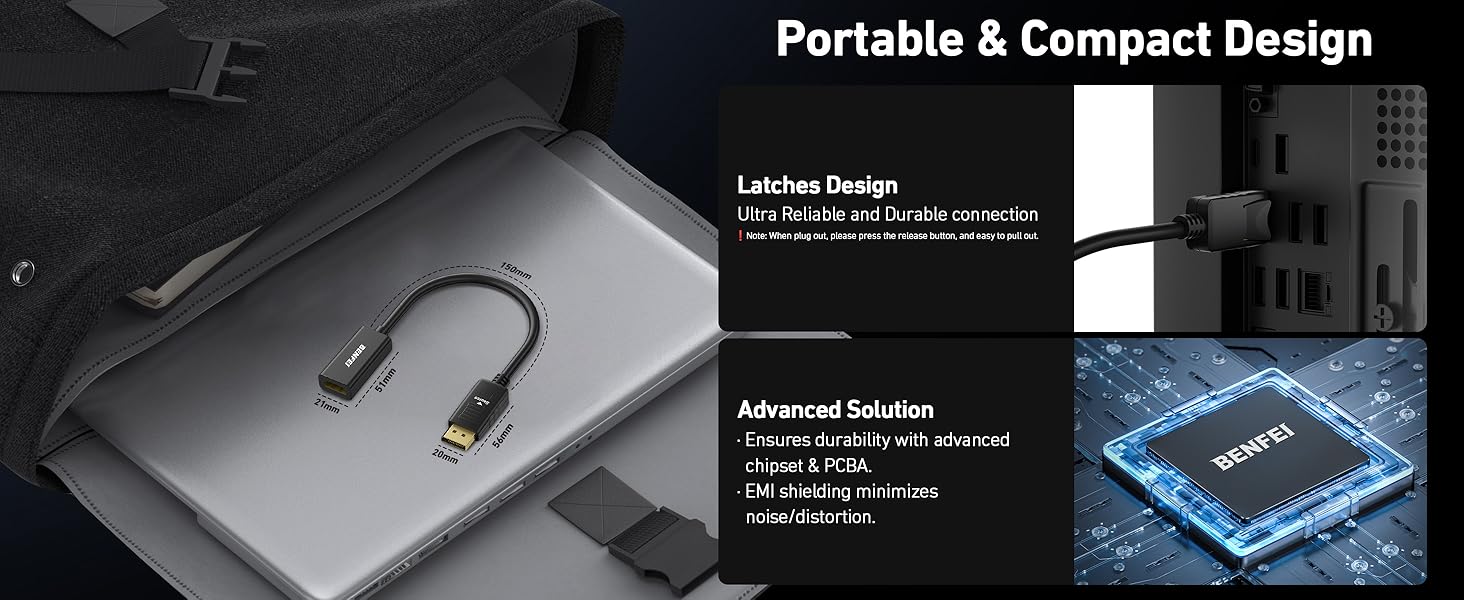 Text reads 'Portable &amp; Compact Design'. Technical product illustration showing laptop device with USB port and circuit board components in dark theme design.