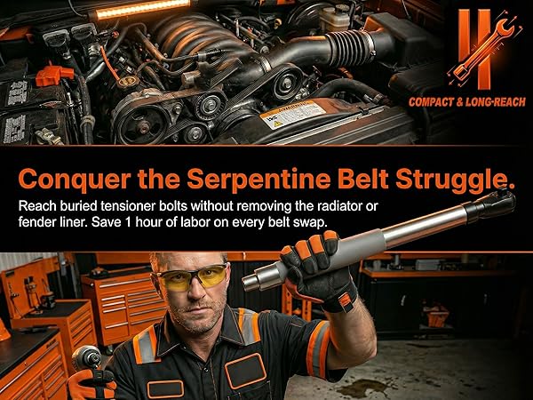 Conquer serpentine belts: Long-reach tool saves 1 hour on every swap. Compact &amp; powerful.