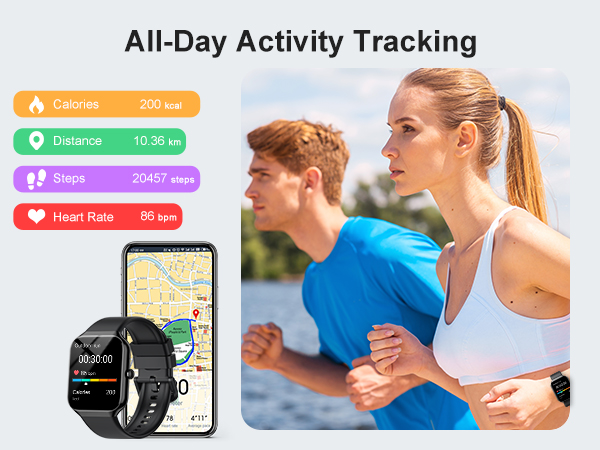 Smartwatch with activity tracking features displayed alongside smartphone map. Shows calories, distance, steps, and heart rate metrics. Image includes two people jogging outdoors.