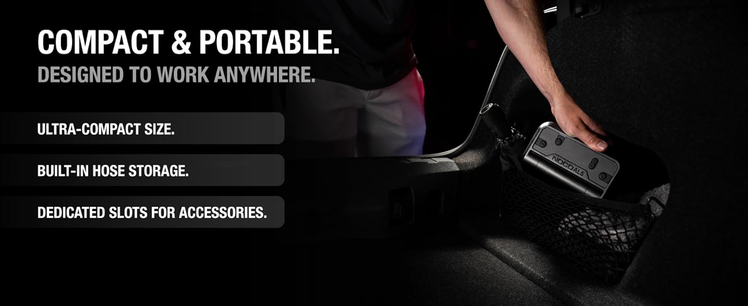 portable air inflator ultra compact design built-in hose storage integrated cord management