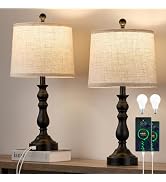 Leasgy Farmhouse Table Lamps for Living Room Set of 2 with USB C+A Ports, Knob Switch with 3 Way ...