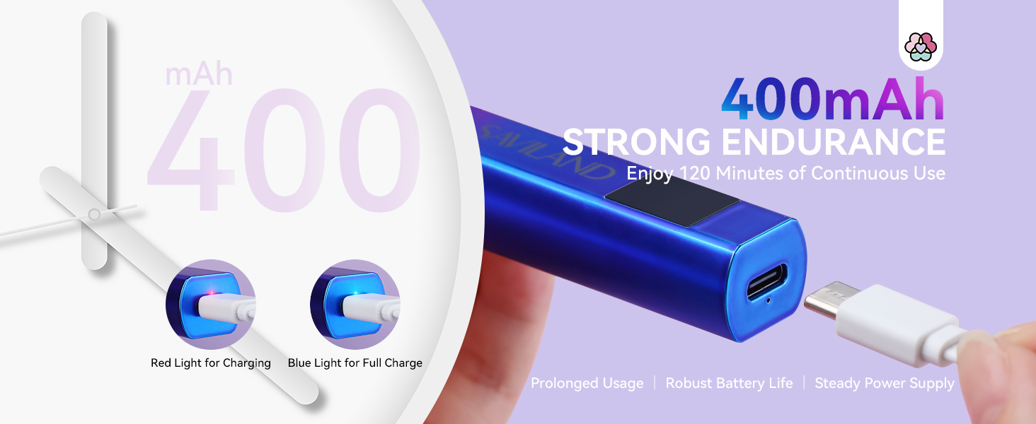 Blue portable charger with 400mAh capacity and 'Strong Endurance' feature. White circular device with buttons for charging and voice control shown.