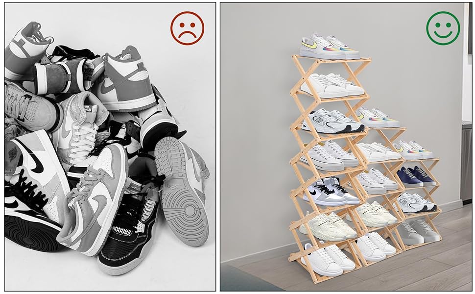 Side-by-side comparison: Left shows cluttered sneakers in black and white, right shows organized wooden tiered shoe rack displaying multiple pairs of athletic shoes.