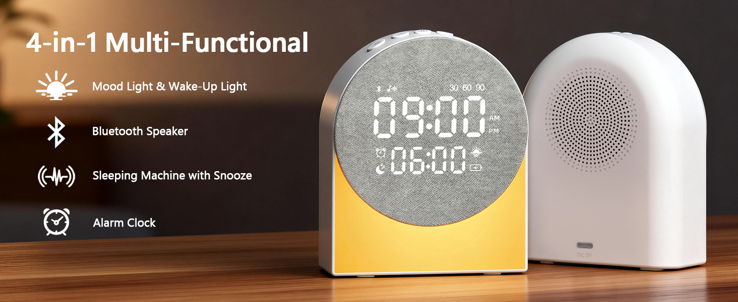 Text reads '4-in-1 Multi-Functional'. White electronic device with digital time display showing '08:00' with various control icons and interface elements.