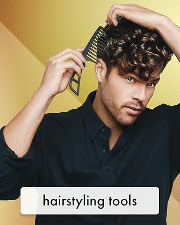 Image of a man combing his hair with large comb with text reading hairstyling tool.