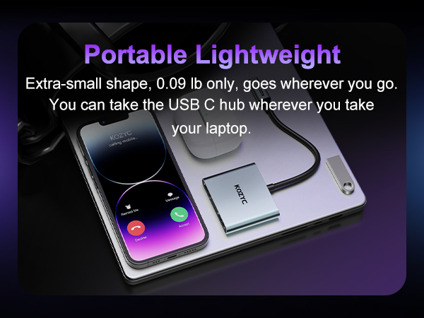 Portable USB-C hub showcased with smartphone. Product weighs 0.09 lb, designed for laptops. Image displays hub's compact size next to a phone with colorful screen.
