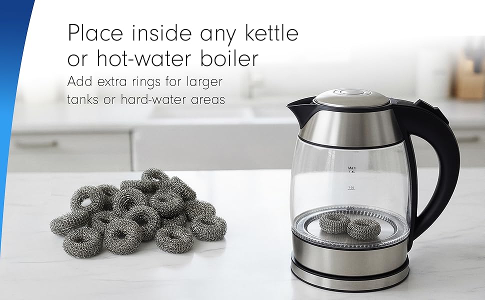 Place inside any kettle or hot-water boiler. Add extra rings for larger tanks or hard-water areas