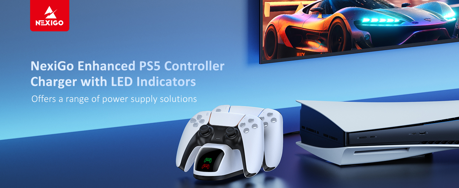 Two PS5 controllers sit on a charging dock next to a PS5 console.