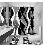 beifivcl 4Pcs Red Shower Curtain Sets with Non-Slip Rugs, Toilet Lid Cover and Bath Mat, Black an...