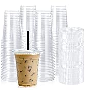 [90 PACK] 16oz Clear Plastic Cups With Flat Lids, Disposable Drinking Cups, 16 oz Plastic Cups fo...