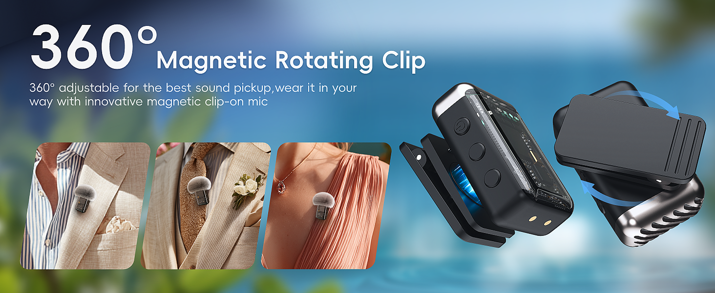 Magnetic rotating clip, wireless lavalier mic, hidden inside shirt, secure collar clip, any outfit