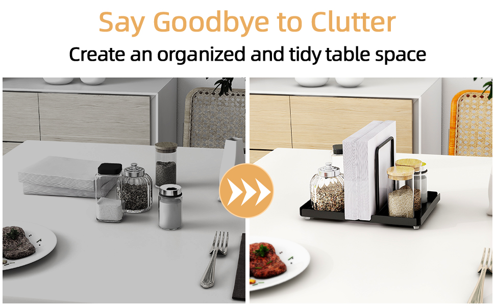 Before and after comparison of table organization. Left shows cluttered surface, right displays neatly arranged items using organizational products.