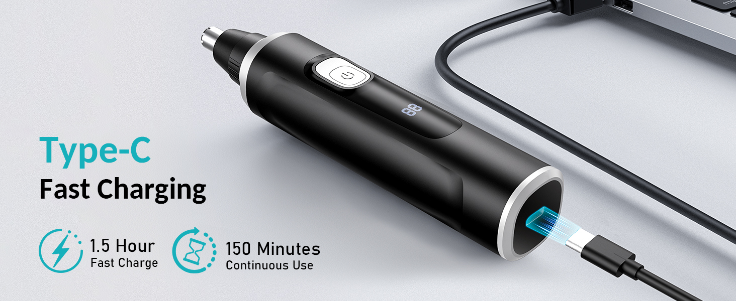 Text reads "Type-C Fast Charging, 1.5 Hour, 90 Minutes." Black cylindrical charger with Type-C cable attachment shown on light background with charging time specifications.